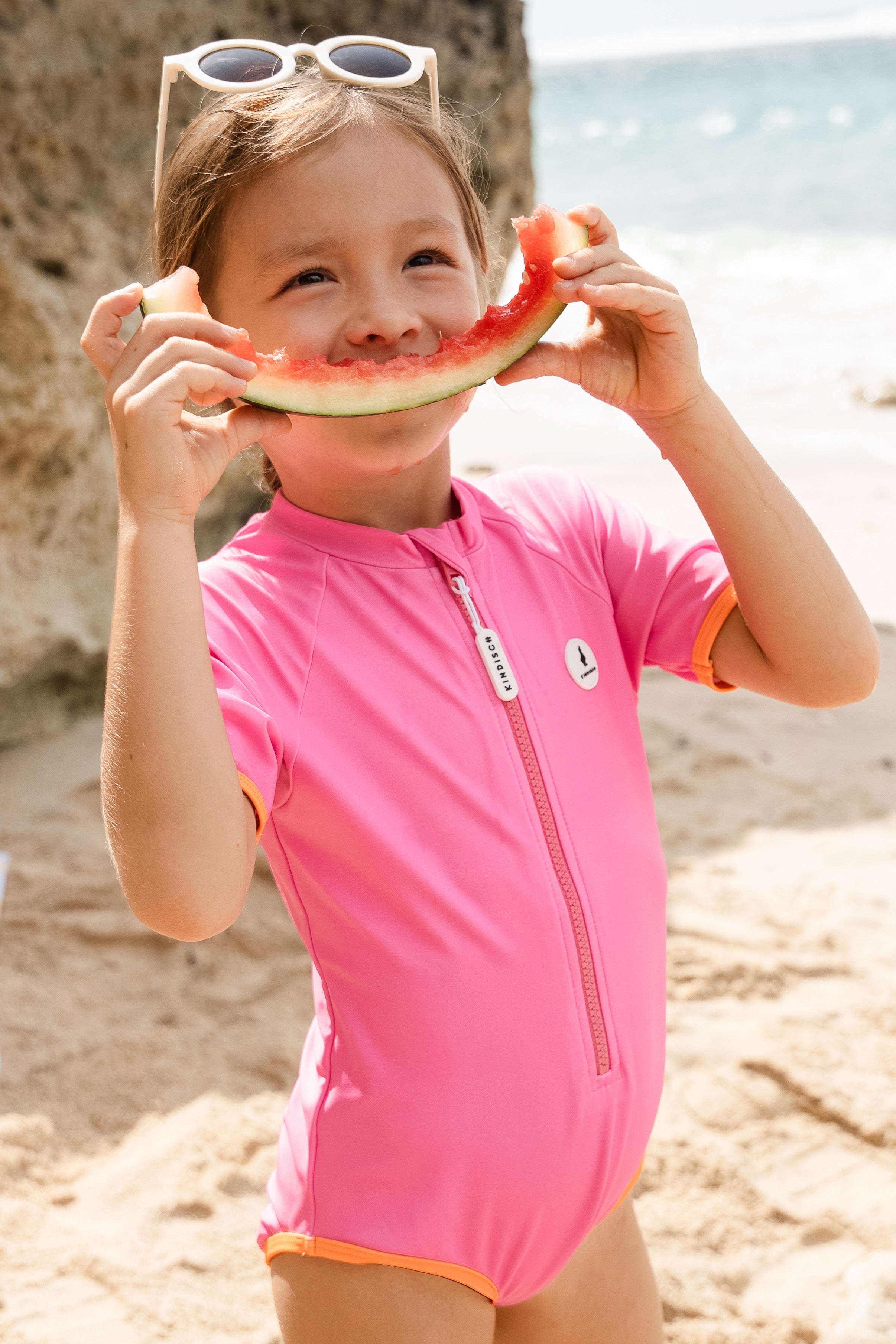 Girls Badeanzug kurzarm - Candy Pink – von KINDISCH, UV-Schutz