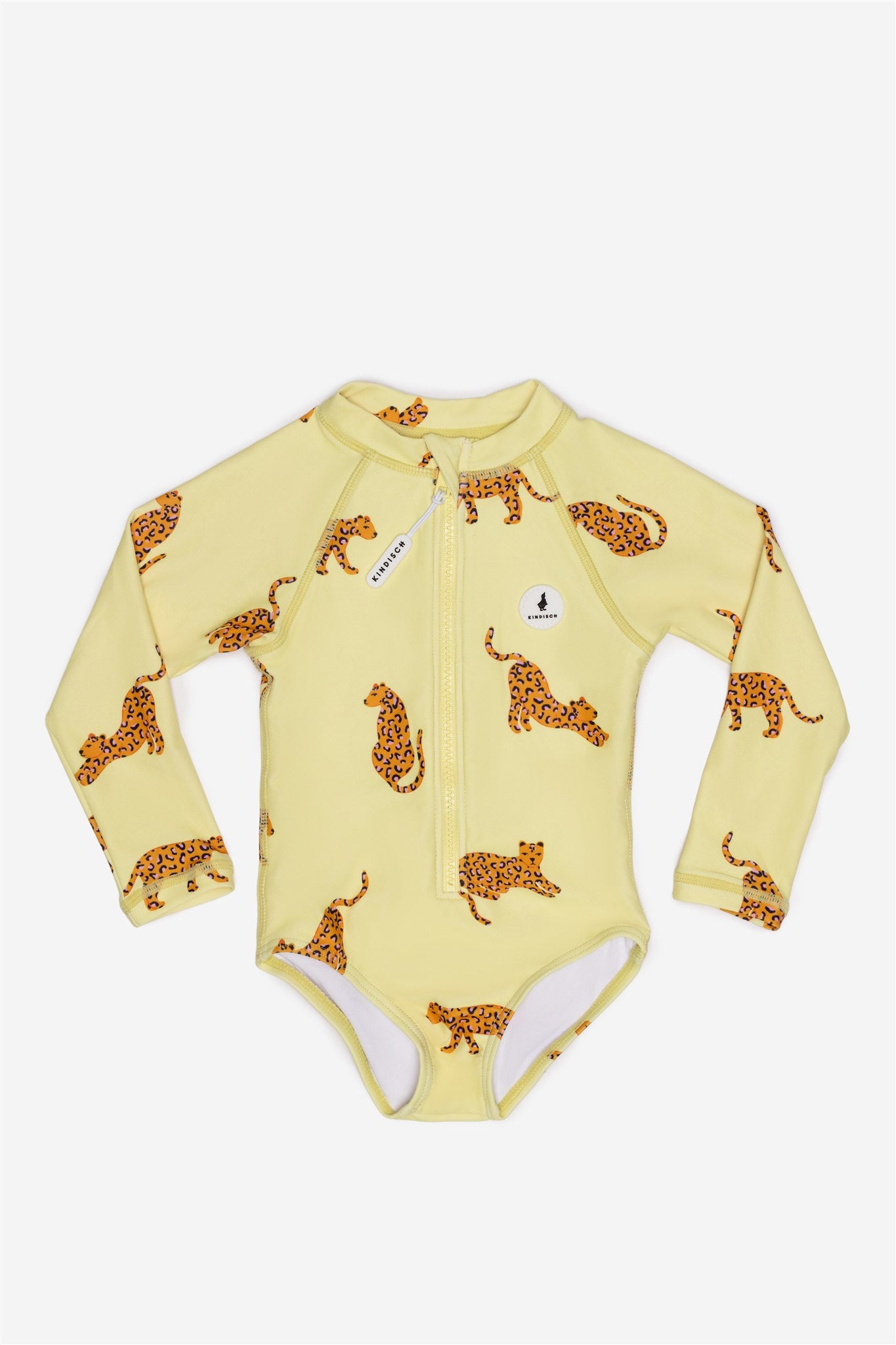 Girls Badeanzug langarm - Gelb - Pink Leo – Leoparden - Vorderansicht – von KINDISCH, UV-Schutz