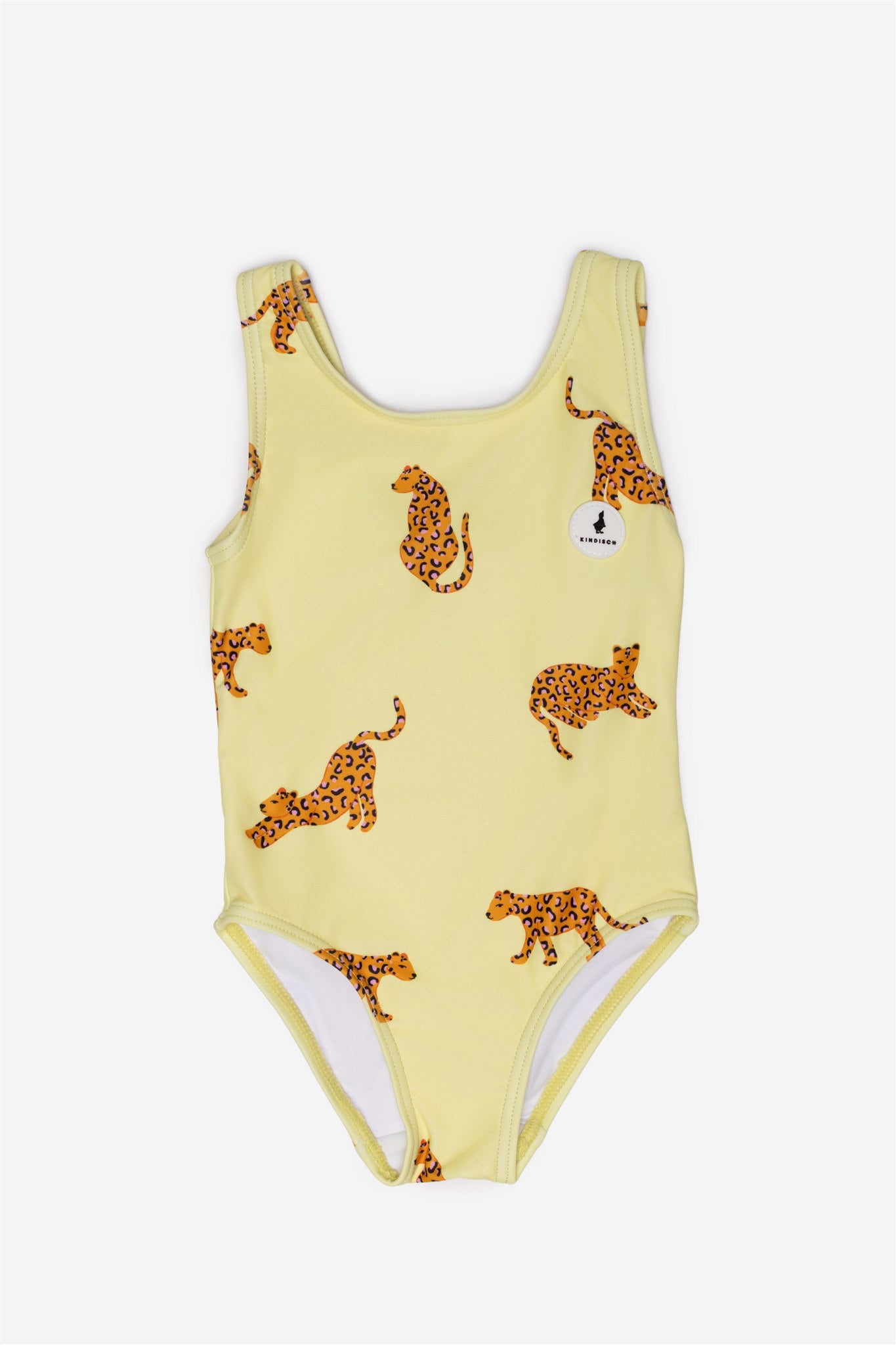 Girls Badeanzug - Gelb - Pink Leo – Leoparden - Vorderansicht – von KINDISCH, UV-Schutz