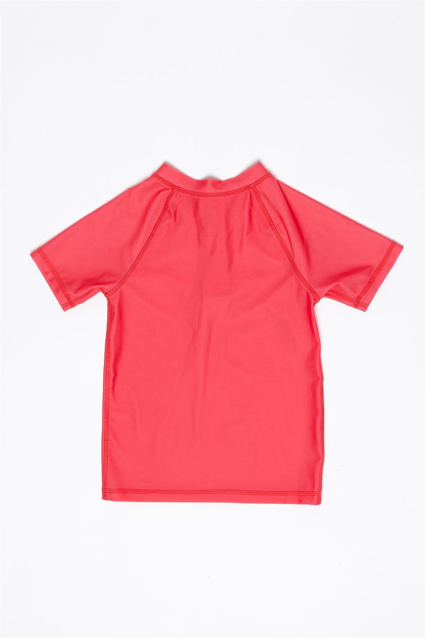 A UV-Shirt kurzarm - Paradise Red by kindischworld.com, short-sleeved and pinkish-red, is laid flat on a white background with the back side visible.
