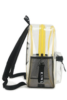The KINDISCH Kids Backpack - Yellow by kindischworld.com features black straps, a yellow zipper, and a black mesh side pocket. A black KIND tag hangs from the zipper. Ideal for Badesachen, its shown side-on against a white background.