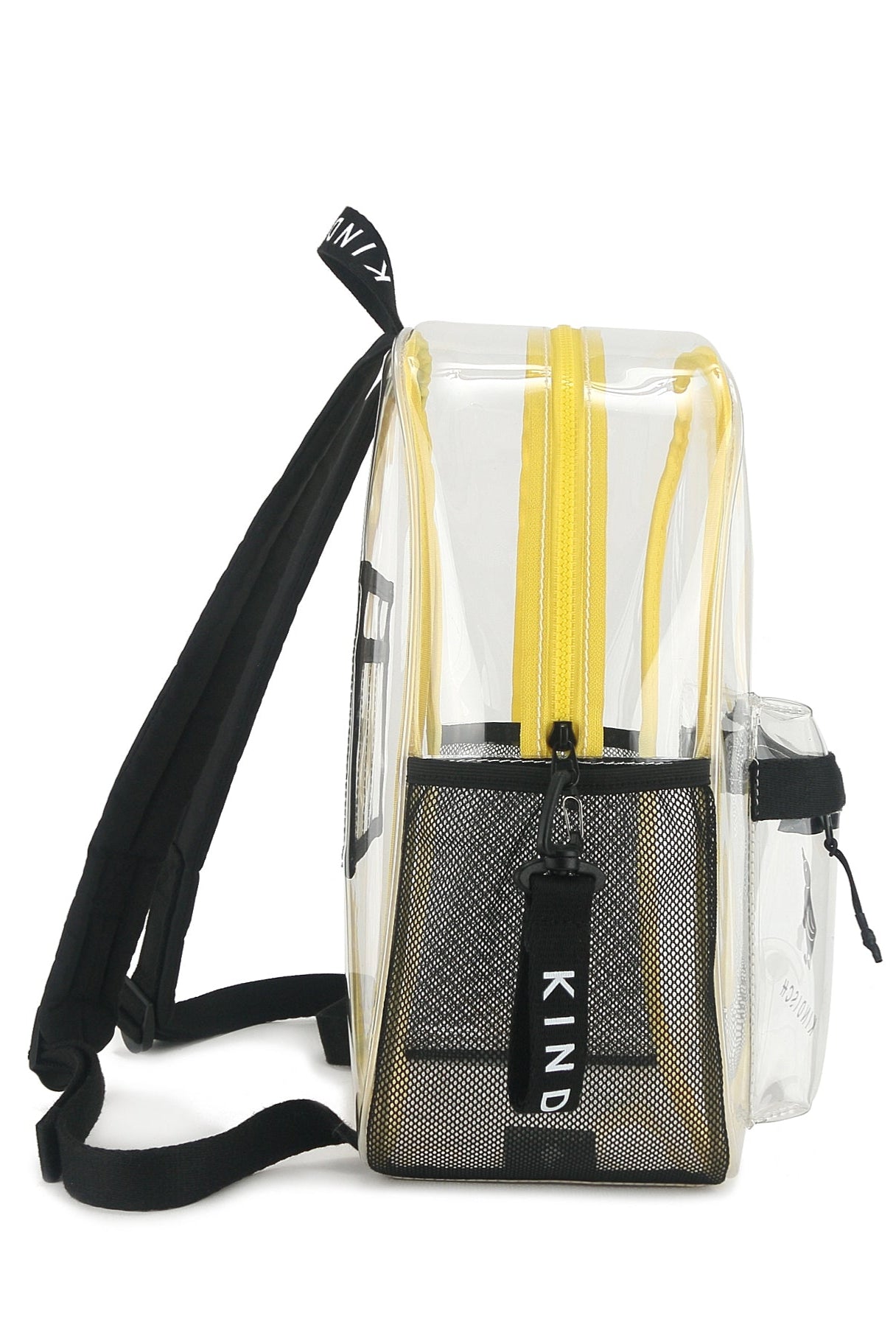 The KINDISCH Kids Backpack - Yellow by kindischworld.com features black straps, a yellow zipper, and a black mesh side pocket. A black KIND tag hangs from the zipper. Ideal for Badesachen, its shown side-on against a white background.